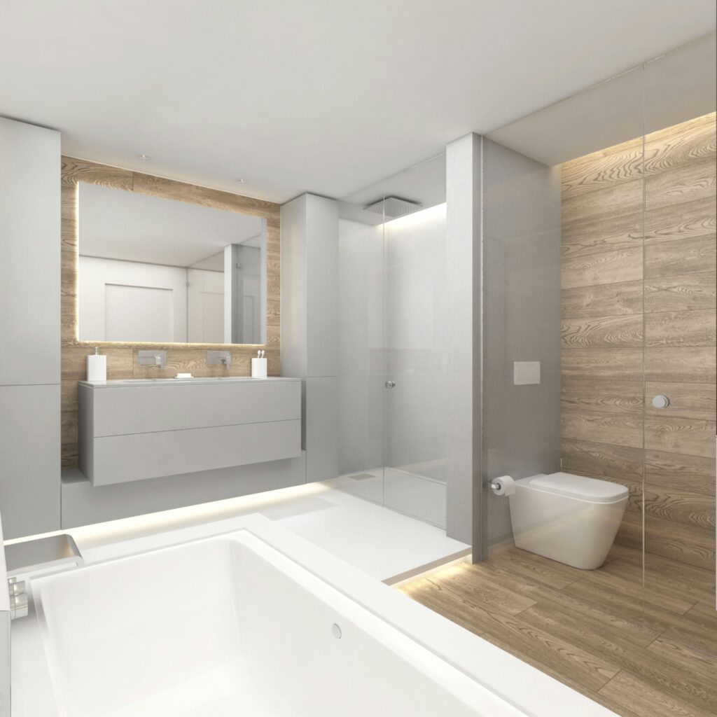 Diseño de baño moderno y elegante en Barcelona Baño contemporáneo con bañera espaciosa, muebles de madera y mármol, y una iluminación natural en una arquitectura de alta gama en Barcelona.