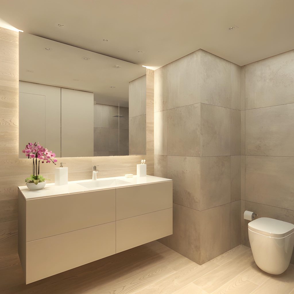 Diseño de interiores de baño moderno y contemporáneo en Barcelona Vista de un baño de alta gama en Barcelona con un diseño moderno y contemporáneo, que incluye suelos de madera clara, mobiliario minimalista, encimera blanca y azulejos en tonos neutros. La iluminación natural resalta la elegancia del espacio decorado con plantas y orquídeas.