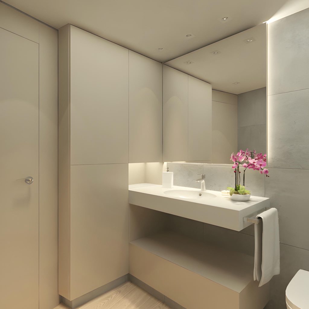Diseño de baño moderno y elegante con cabinetry de color beige claro y orquídeas rosas Un baño contemporáneo que presenta cabinetry estiloso de color beige claro, un amplio tocador blanco con un lavabo integrado y una maceta decorativa de orquídeas rosas. La suave iluminación indirecta realza la estética minimalista y la atmósfera, mientras que el suelo de madera de tono claro añade calidez y sofisticación. Una toalla colgada ordenadamente complementa el diseño moderno, creando un ambiente acogedor y limpio, adecuado para un hogar contemporáneo.