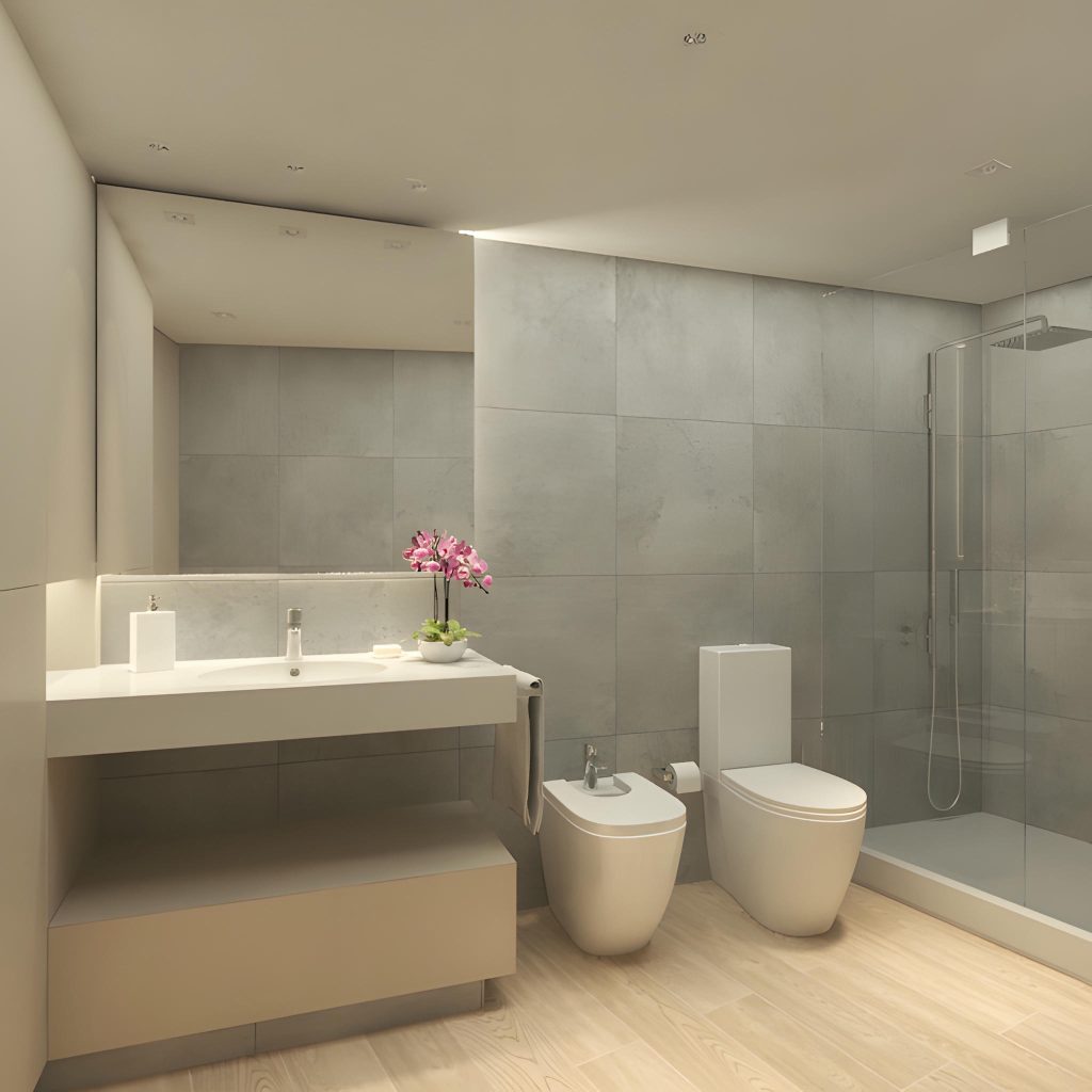 Diseño de baño moderno minimalista con accesorios elegantes y decoración sofisticada Un baño contemporáneo minimalista que presenta grandes azulejos grises en las paredes, suelo de madera clara, un elegante tocador blanco con encimera de mármol, un espejo, una pequeña planta en maceta, un arreglo floral decorativo, un inodoro blanco, un bidet y un mampara de ducha de vidrio con una moderna alcachofa de ducha. El diseño enfatiza la simplicidad, la funcionalidad y una estética elegante.