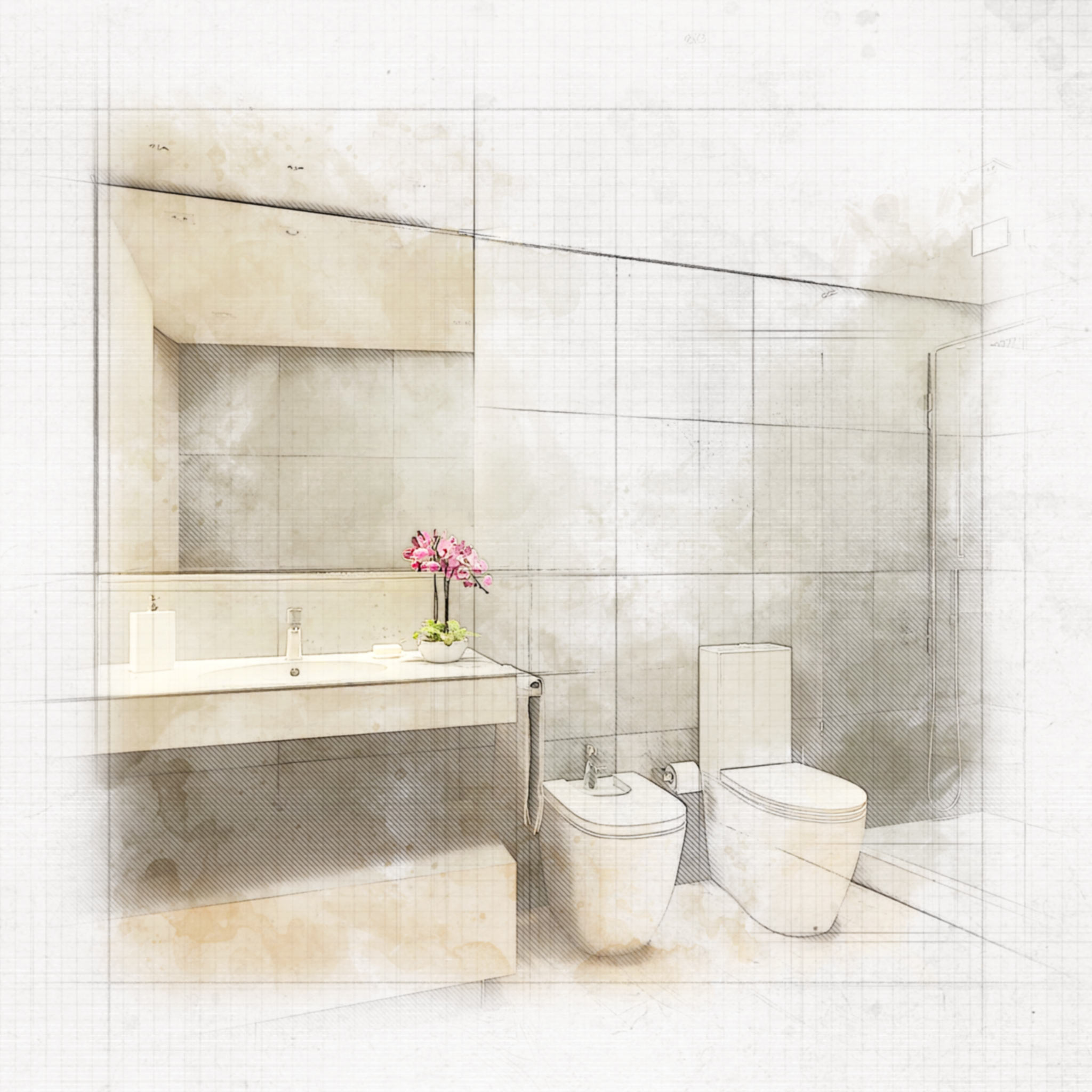 Boceto de un interior de baño moderno que muestra un diseño minimalista con azulejos de pared de colores claros, un elegante tocador con lavabo y espejo, inodoros estándar y de estilo bidet, y un pequeño arreglo de flores rosas, transmitiendo tranquilidad y elegancia.