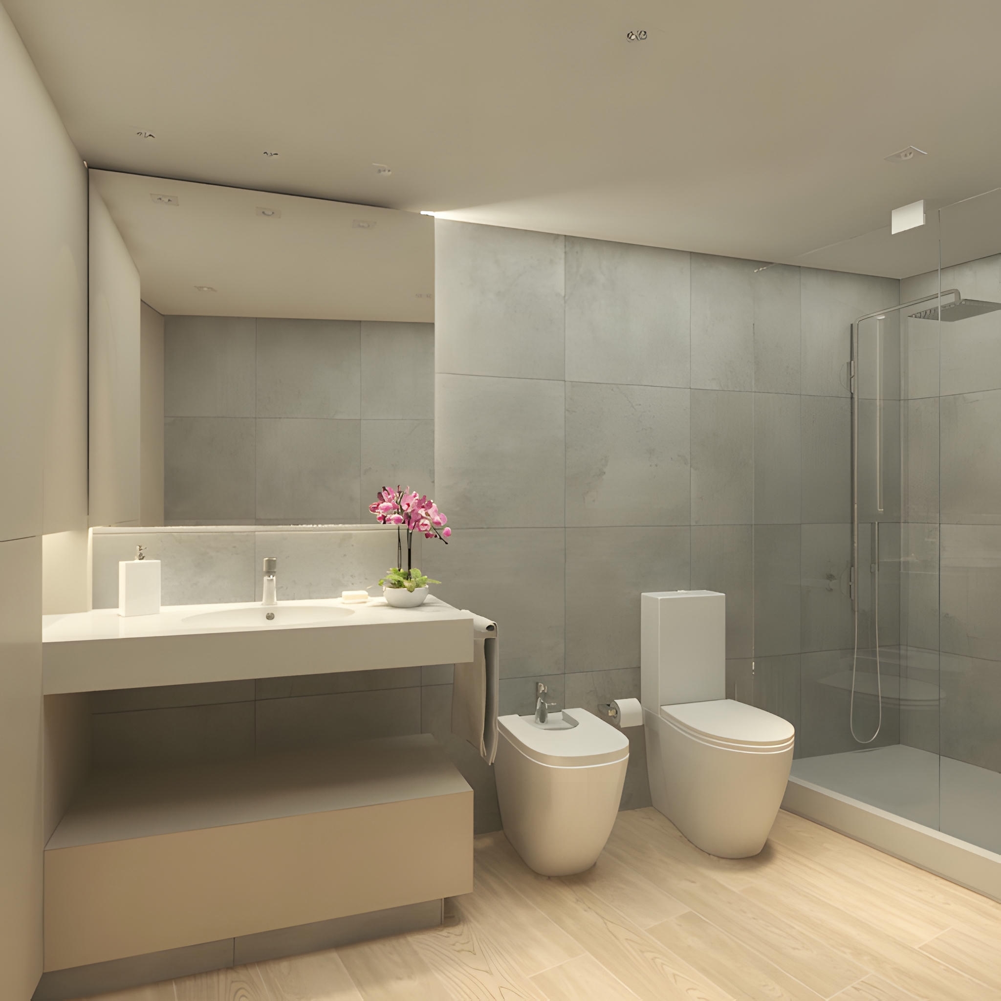 Un baño contemporáneo minimalista que presenta grandes azulejos grises en las paredes, suelo de madera clara, un elegante tocador blanco con encimera de mármol, un espejo, una pequeña planta en maceta, un arreglo floral decorativo, un inodoro blanco, un bidet y un mampara de ducha de vidrio con una moderna alcachofa de ducha. El diseño enfatiza la simplicidad, la funcionalidad y una estética elegante.