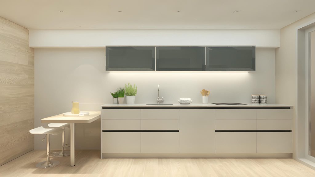 Interiores de Cocina Moderna Minimalista con Diseño Elegante y Acabados en Colores Claros Una cocina moderna que muestra gabinetes elegantes, encimeras de colores claros con un fregadero y una estufa, además de gabinetes con frentes de vidrio. El espacio está acentuado con plantas en macetas y cuenta con una mesa de comedor pequeña con una sola silla, todo dispuesto contra paredes de acabado en madera clara que crean una atmósfera aireada y espaciosa.