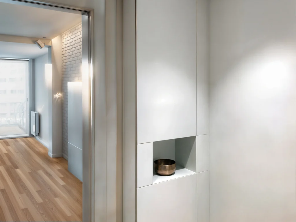Interior Minimalista Moderno con Luz Natural y Paredes Texturizadas Un espacio interior contemporáneo que muestra una puerta a una habitación luminosa con pisos de madera. La luz natural inunda el espacio a través de grandes puertas de vidrio que conducen a un balcón. La pared izquierda es blanca y minimalista, con una área empotrada que tiene un pequeño cuenco metálico, mientras que la pared texturizada adyacente muestra ladrillos blancos expuestos.