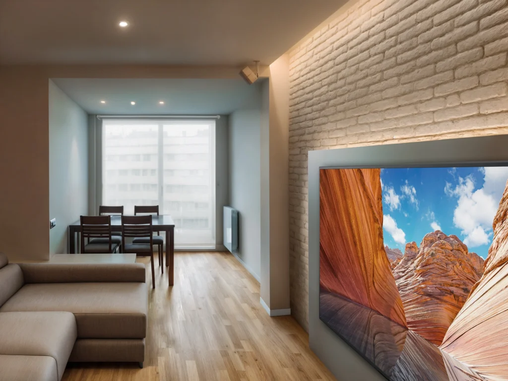 Piso en Calle Bolivia: Una sala de estar moderna con un sofá en forma de L de color claro, un gran televisor de pantalla plana que muestra un paisaje vívido de formaciones rocosas rojas contra un cielo azul, y una mesa de comedor rectangular con sillas de madera oscura cerca de una gran ventana que invita a la luz natural. Las paredes están pintadas en tonos neutros con una pared de ladrillo texturizado, y el suelo de madera clara realza la estética contemporánea.