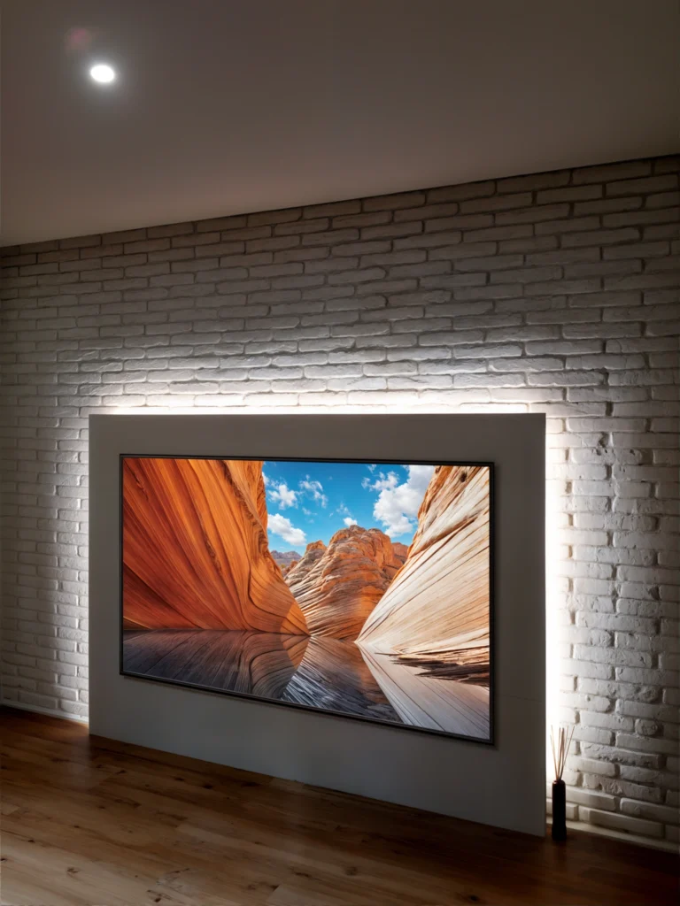 Diseño de Interiores Moderno con Televisor de Alta Definición en Barcelona Interior moderno con televisor de alta definición montado en pared de ladrillo blanco, mostrando paisajes vibrantes en espacio elegante y contemporáneo en Barcelona.