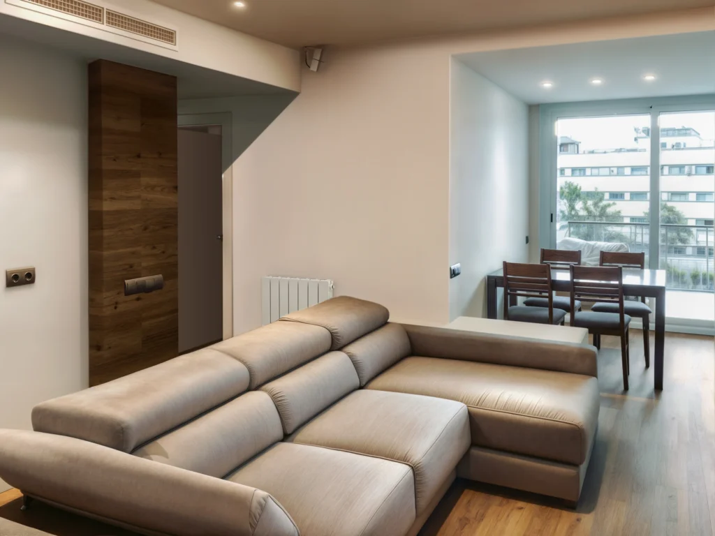 Diseño de interiores moderno en un apartamento de lujo en Barcelona Proyecto de diseño de interiores de un salón espacioso en un apartamento de alta gama en Barcelona, con un sofá beige cómodo, acentos de madera natural y un área de comedor con mesa y sillas de madera. Ventanas grandes iluminan el espacio, reflejando el estilo contemporáneo y funcionalidad.