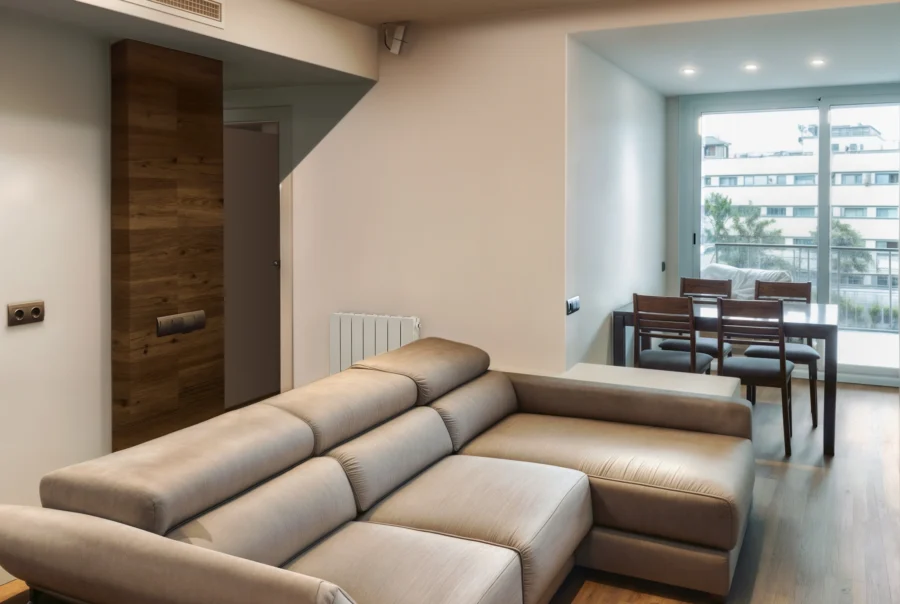 Proyecto de diseño de interiores de un salón espacioso en un apartamento de alta gama en Barcelona, con un sofá beige cómodo, acentos de madera natural y un área de comedor con mesa y sillas de madera. Ventanas grandes iluminan el espacio, reflejando el estilo contemporáneo y funcionalidad.