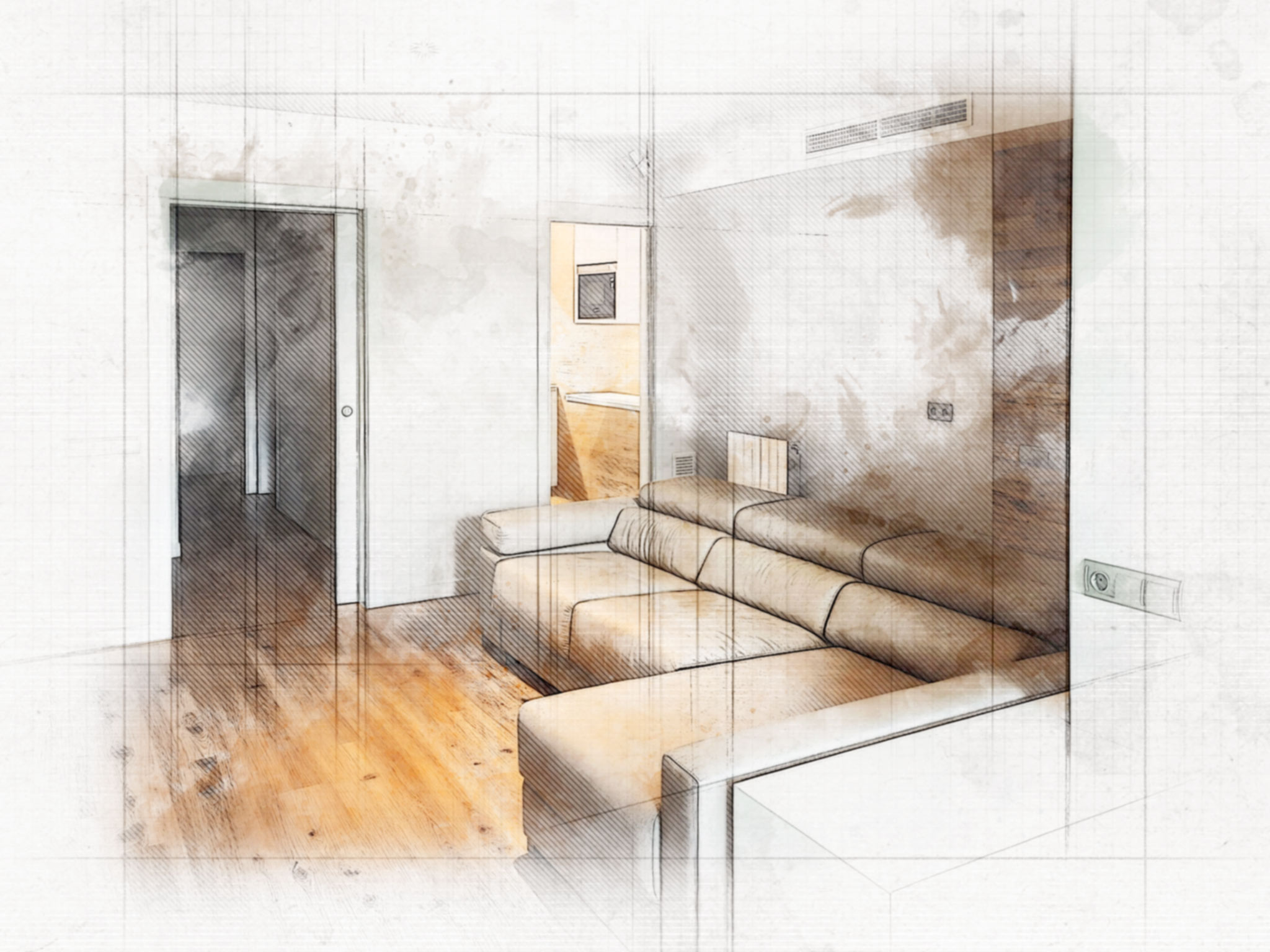 Ilustración digital de una sala de estar moderna con un sofá seccional beige sobre un suelo de madera, que muestra una distribución abierta con una puerta que conduce a un pasillo y una pared de color claro con mobiliario de madera en el fondo.