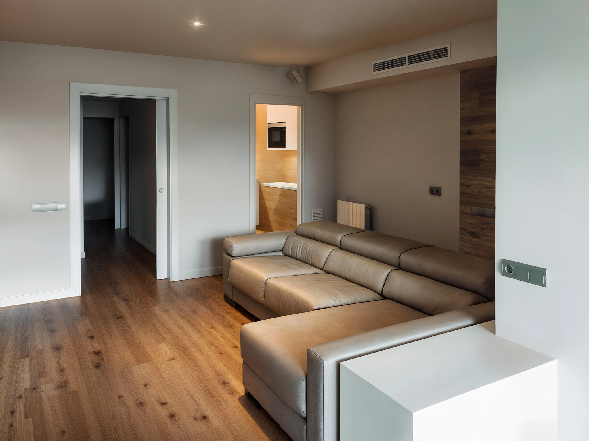 Moderno salón de diseño de interiores en Barcelona destacando un sofá contemporáneo de cuero claro sobre un suelo de madera, en un ambiente minimalista con detalles en cristal y madera, ideal para inspirar ideas de diseño interior y funcionalidad.