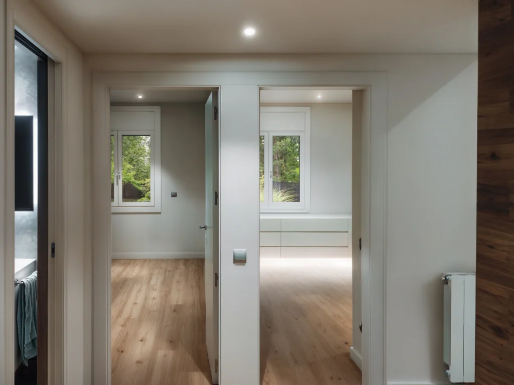 Diseño de interiores contemporáneo en Barcelona con funcionalidad y estilo moderno Vista interior de un proyecto de diseño de interiores contemporáneo en Barcelona, mostrando una distribución funcional entre habitaciones con paredes de colores neutros y modernos marcos de ventanas que permiten la entrada de luz natural. El suelo de madera clara y la iluminación empotrada realzan la estética minimalista del espacio.