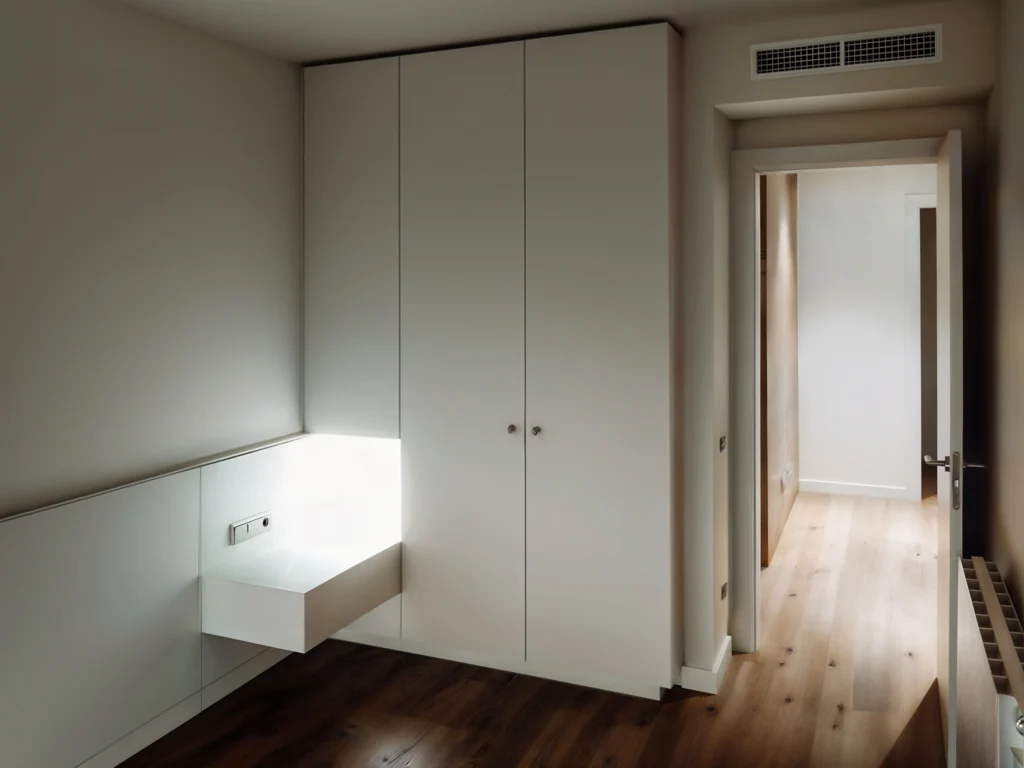 Dormitorio Minimalista Moderno en Barcelona con Diseño Elegante Diseño de interiores moderno que muestra un dormitorio minimalista en Barcelona, con mobiliario blanco empotrado y un espacio de trabajo iluminado por luz natural. Resalta materiales de alta calidad como suelos de madera y elementos de diseño contemporáneo, creando un ambiente funcional y acogedor.
