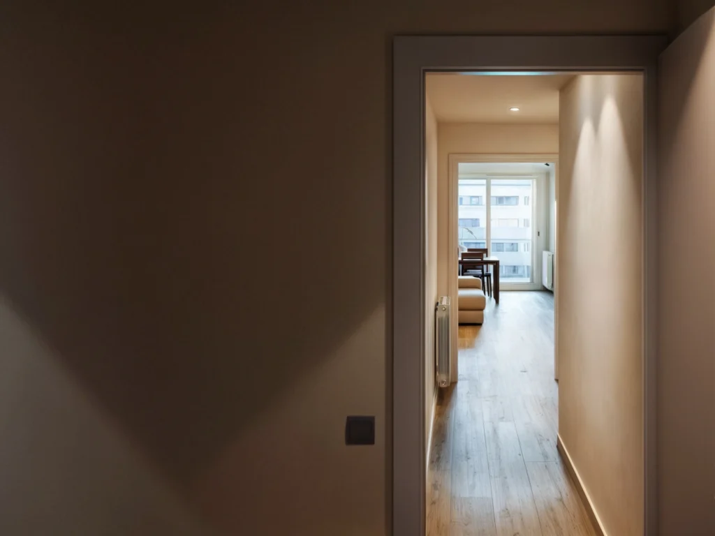 Proyectos de Diseño de Interiores Modernos en Barcelona Pasillo elegante de un proyecto de diseño de interiores en Barcelona, con madera de alta calidad, paredes neutrales y luz natural entrando por ventanas grandes, destacando una estética minimalista y un diseño contemporáneo.