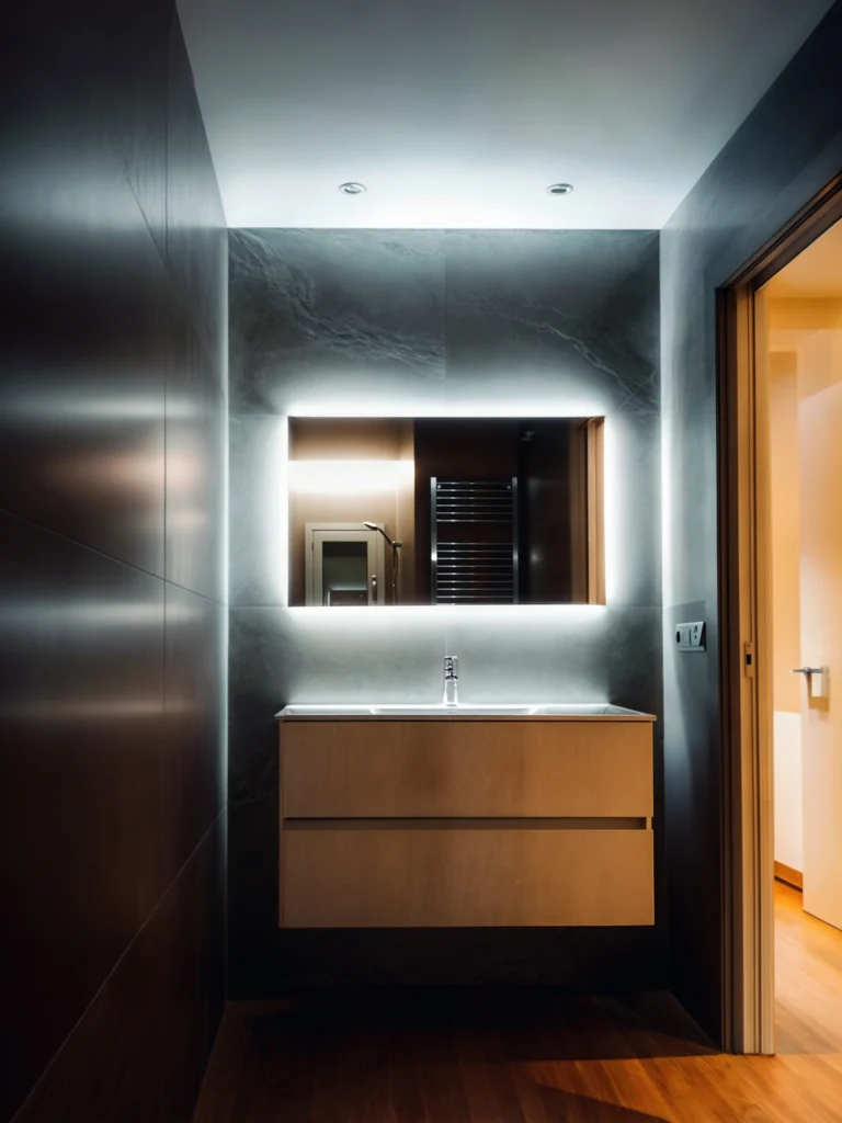 Diseño de interiores moderno en baño de alta gama en Barcelona Baño moderno en Barcelona con vanidad de madera clara y paneles oscuros, iluminación suave, espejo iluminado y materiales de mármol, destacando la estética contemporánea y funcionalidad.