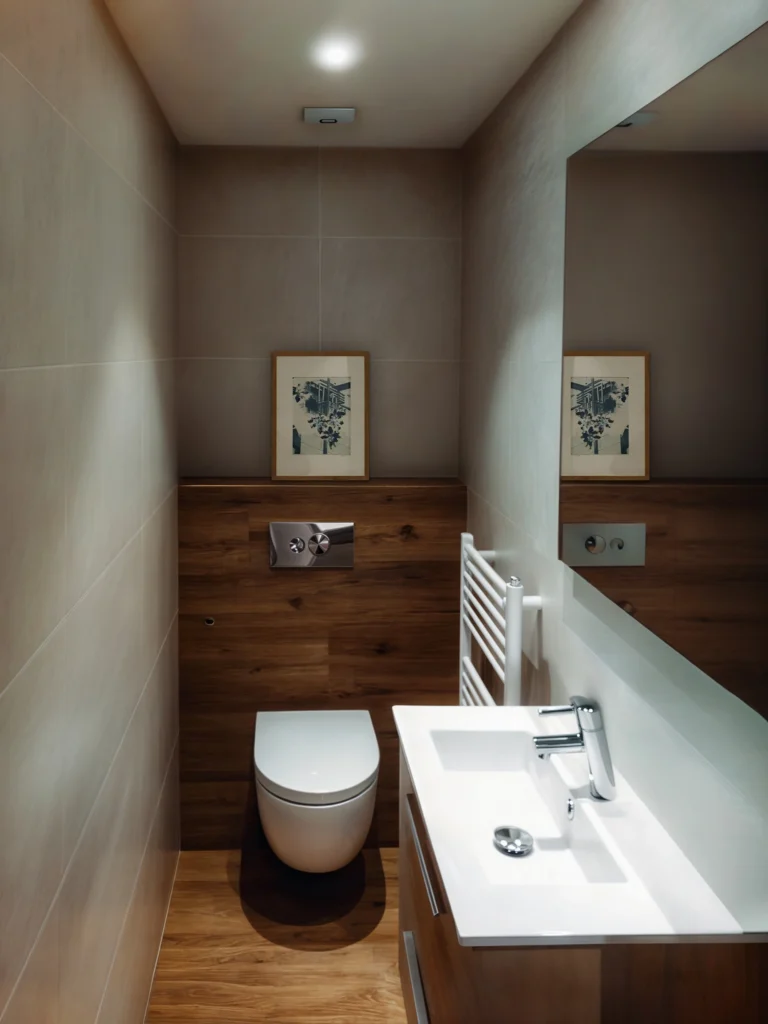 Diseño de interiores moderno en baño de alta gama en Barcelona Baño contemporáneo en Barcelona con diseño elegante, presentando materiales de calidad como madera y mármol, iluminación natural, y accesorios modernos que reflejan la sofisticación arquitectónica de la ciudad.