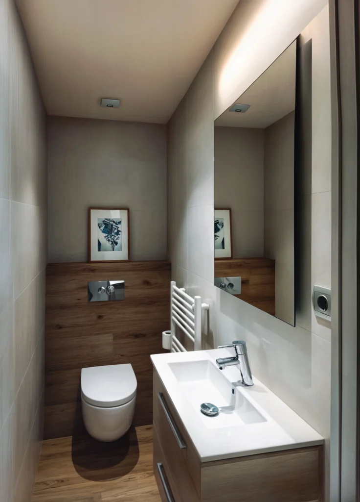 Baño de lujo en diseño de interiores moderno en Barcelona Proyecto de diseño de interiores que muestra un elegante baño de alta gama en Barcelona, con estética minimalista, muebles personalizados y materiales de alta calidad como madera y mármol, iluminado por luz natural.