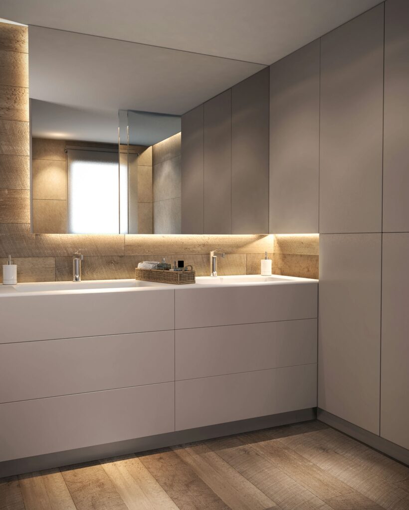 Baño de diseño interior moderno y sofisticado en Barcelona Baño moderno y sofisticado con diseño de alta gama en Barcelona, que presenta gabinetes blancos elegantes, un espejo grande, suelos de madera natural y iluminación refinada.