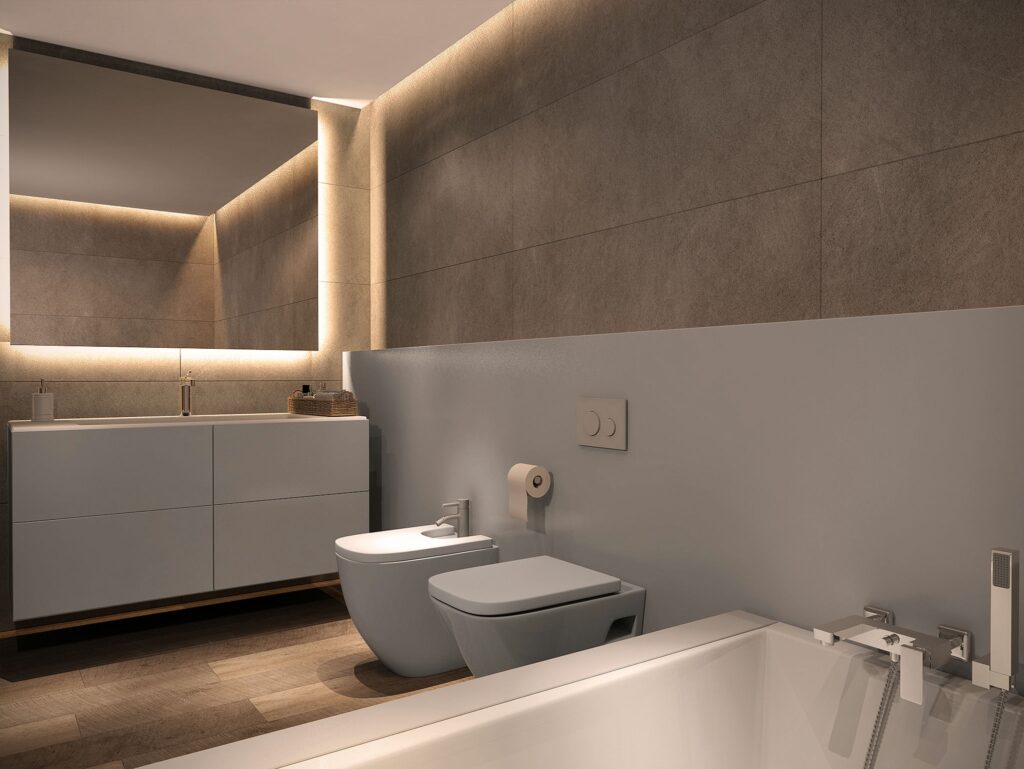 Baño moderno y contemporáneo en Barcelona con diseño elegante Baño contemporáneo en Barcelona con lavabo minimalista, inodoro de diseño, y bañera, revestido en azulejos grises y con iluminación LED suave.