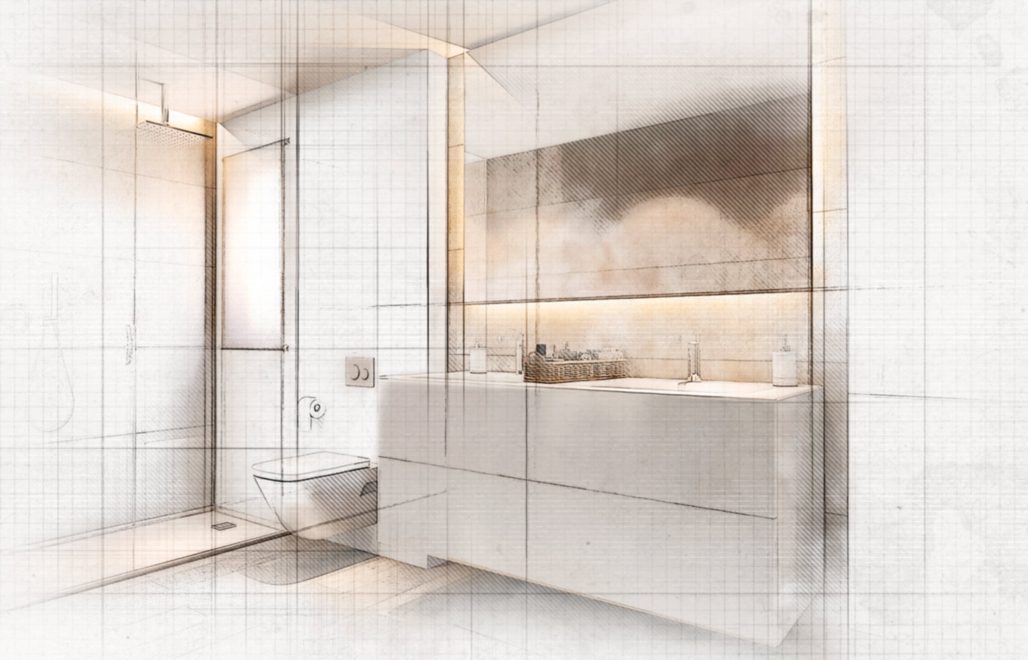 Baño moderno y elegante en Barcelona con ducha de vidrio, inodoro minimalista y lavabo contemporáneo. Destacan los materiales de alta calidad como madera, mármol y cristal, mientras que la iluminación natural resalta los detalles arquitectónicos y crea una atmósfera sofisticada.