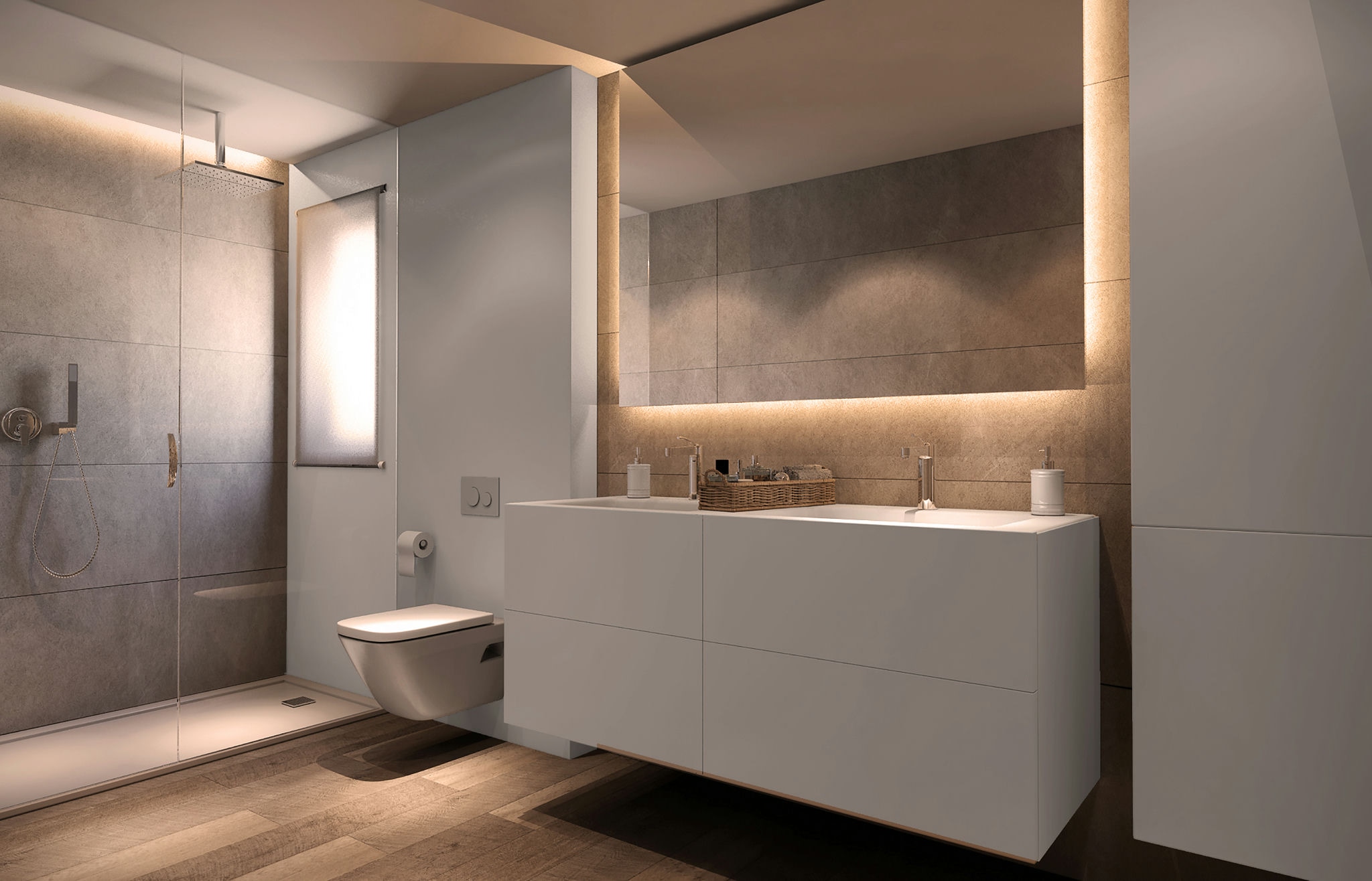 Diseño de un baño contemporáneo con acabados de alta calidad, que incluye una ducha de vidrio, un inodoro minimalista y un tocador doble moderno con una cesta de artículos de tocador. Las paredes están cubiertas con azulejos grises de gran tamaño, realzadas con iluminación cálida debajo del mueble. La luz natural ilumina el espacio, destacando su funcionalidad y atractivo estético en un proyecto de diseño de interiores en Barcelona.
