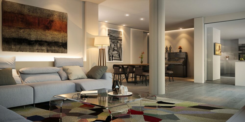 Salón contemporáneo con columna romana en Ático en Vía Augusta, Barcelona