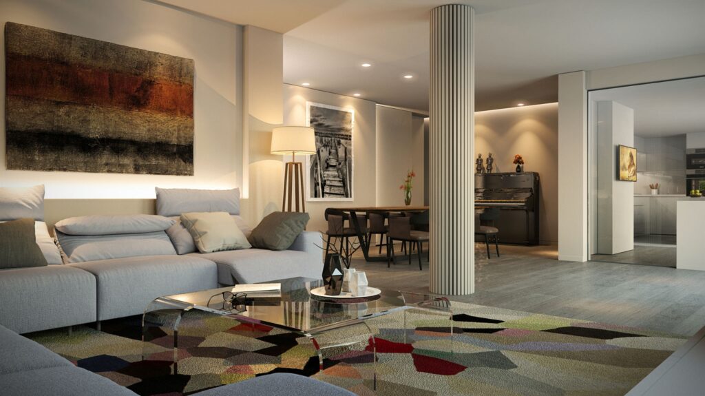 Salón contemporáneo con columna romana en Ático en Vía Augusta, Barcelona