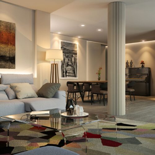 Salón contemporáneo con columna romana en Ático en Vía Augusta, Barcelona