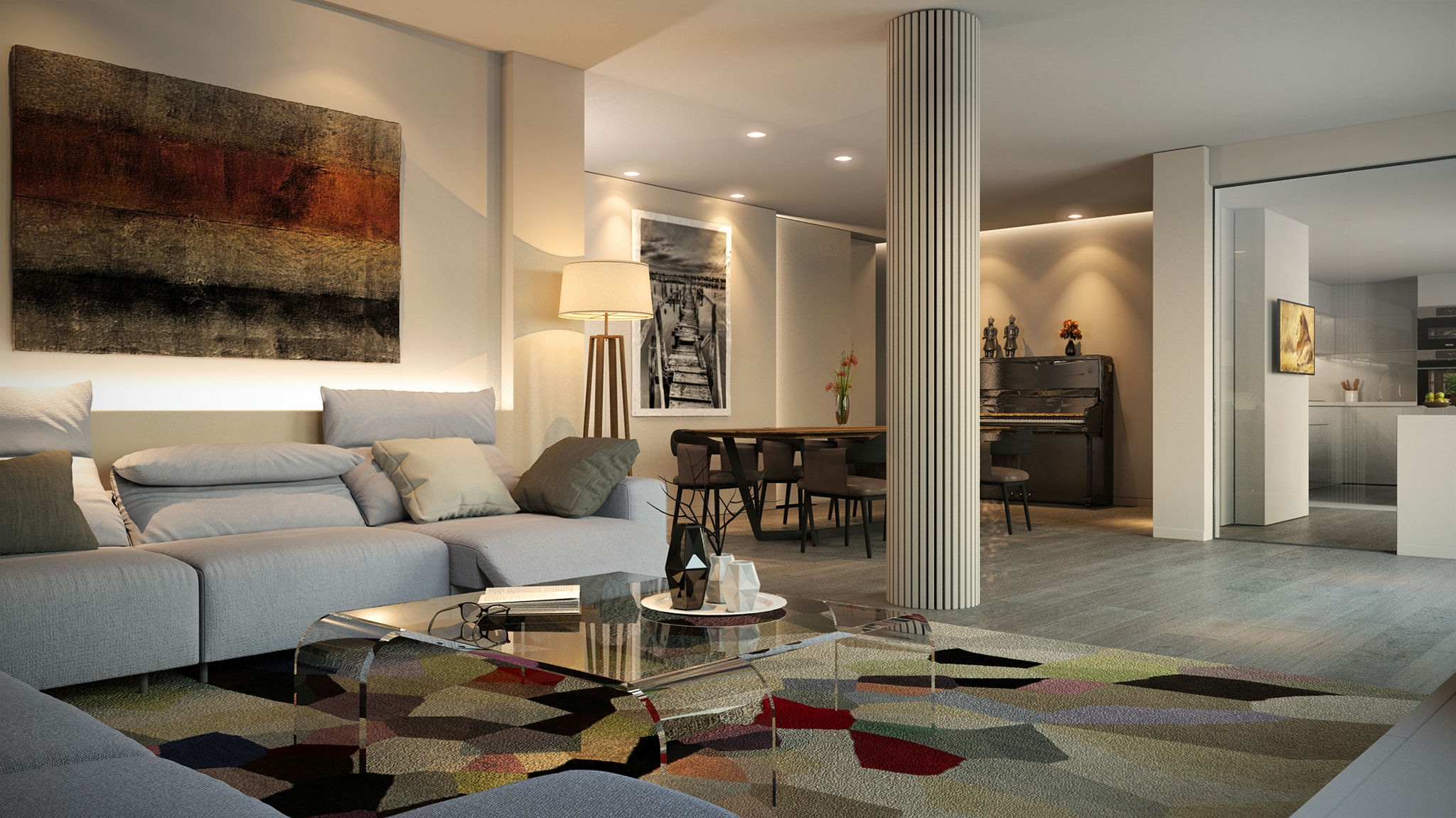 Salón contemporáneo con columna romana en Ático en Vía Augusta, Barcelona