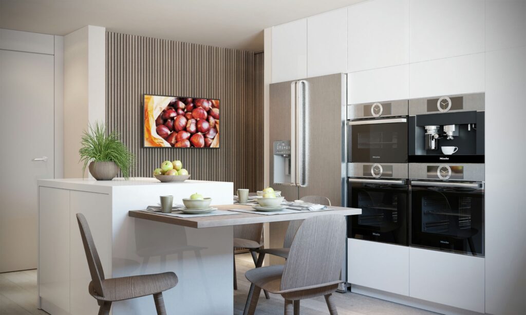 Cocina moderna de lujo en Barcelona con diseño contemporáneo y materiales de alta calidad Interior de cocina moderna en Barcelona, destacando elementos de diseño de lujo con acabados en madera y mármol y un ambiente iluminado naturalmente.