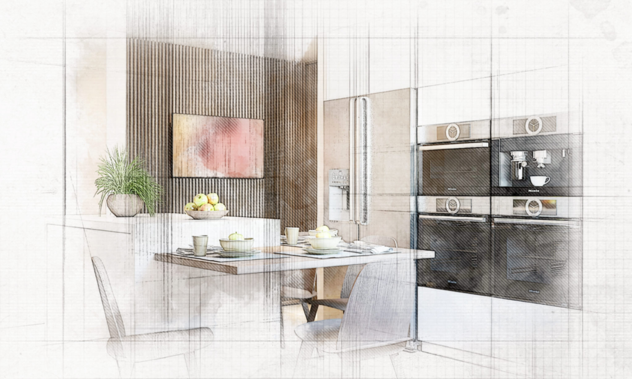 Cocina moderna de un proyecto de diseño de interiores en Barcelona, con mobiliario funcional, electrodomésticos integrados y una zona de comedor minimalista, iluminada de forma natural y decorada con materiales de alta calidad como madera y cristal.