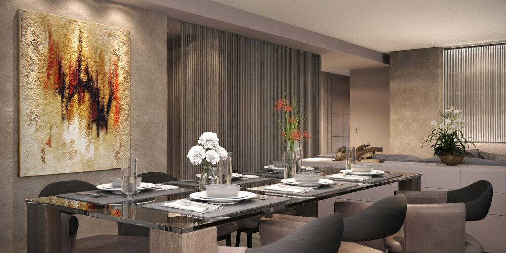 Apartamento en Suiza: Área de comedor moderna y elegante en un proyecto de diseño de interiores de alta gama en Barcelona, con mesa de cristal pulido, vajilla elegante y arreglos florales.