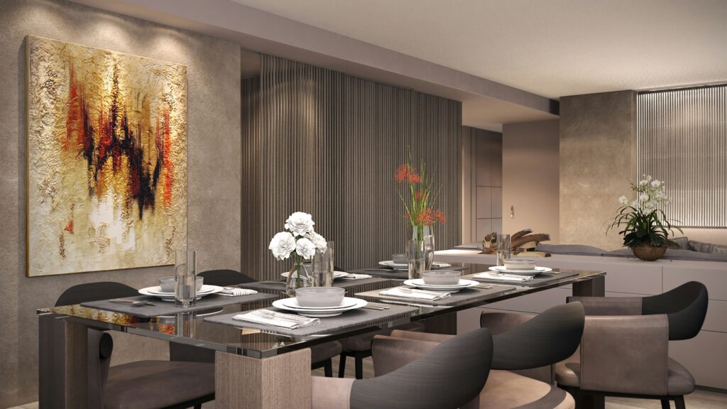 Apartamento en Suiza: Área de comedor moderna y elegante en un proyecto de diseño de interiores de alta gama en Barcelona, con mesa de cristal pulido, vajilla elegante y arreglos florales.
