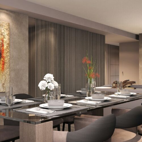 Apartamento en Suiza: Área de comedor moderna y elegante en un proyecto de diseño de interiores de alta gama en Barcelona, con mesa de cristal pulido, vajilla elegante y arreglos florales.