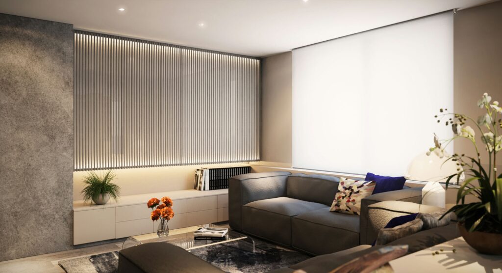 Diseño Interior Moderno en Barcelona: Espacio Contemporáneo de Alta Gama Proyecto de diseño interior en Barcelona que muestra un salón moderno con un sofá gris, almohadas decorativas, plantas y luz natural a través de ventanas grandes, enfatizando la funcionalidad y estética con materiales de alta calidad.