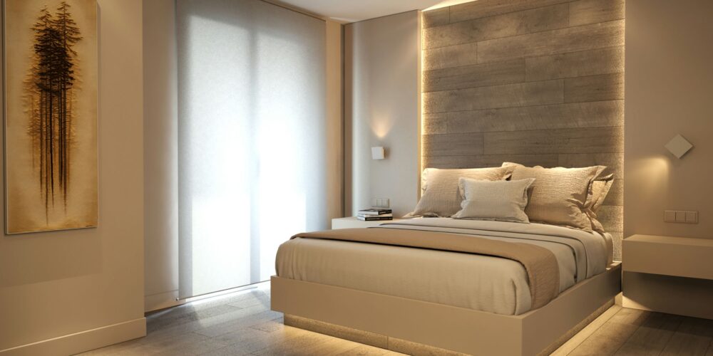 Diseño de interiores de un dormitorio moderno de alta gama en Barcelona, con una cama contemporánea en tonos madera clara y beige, iluminación natural proveniente de grandes ventanas, arte en las paredes, y mobiliario minimalista destacando la funcionalidad y materiales de calidad.