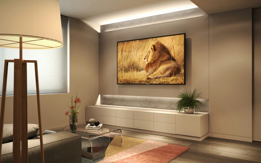 Moderno salón de diseño de interiores en Barcelona con mobiliario personalizado Salón contemporáneo en Barcelona, con mobiliario personalizado, materiales de alta calidad como madera y mármol, y una suave iluminación natural, adornado con un televisor que muestra un león y plantas decorativas.