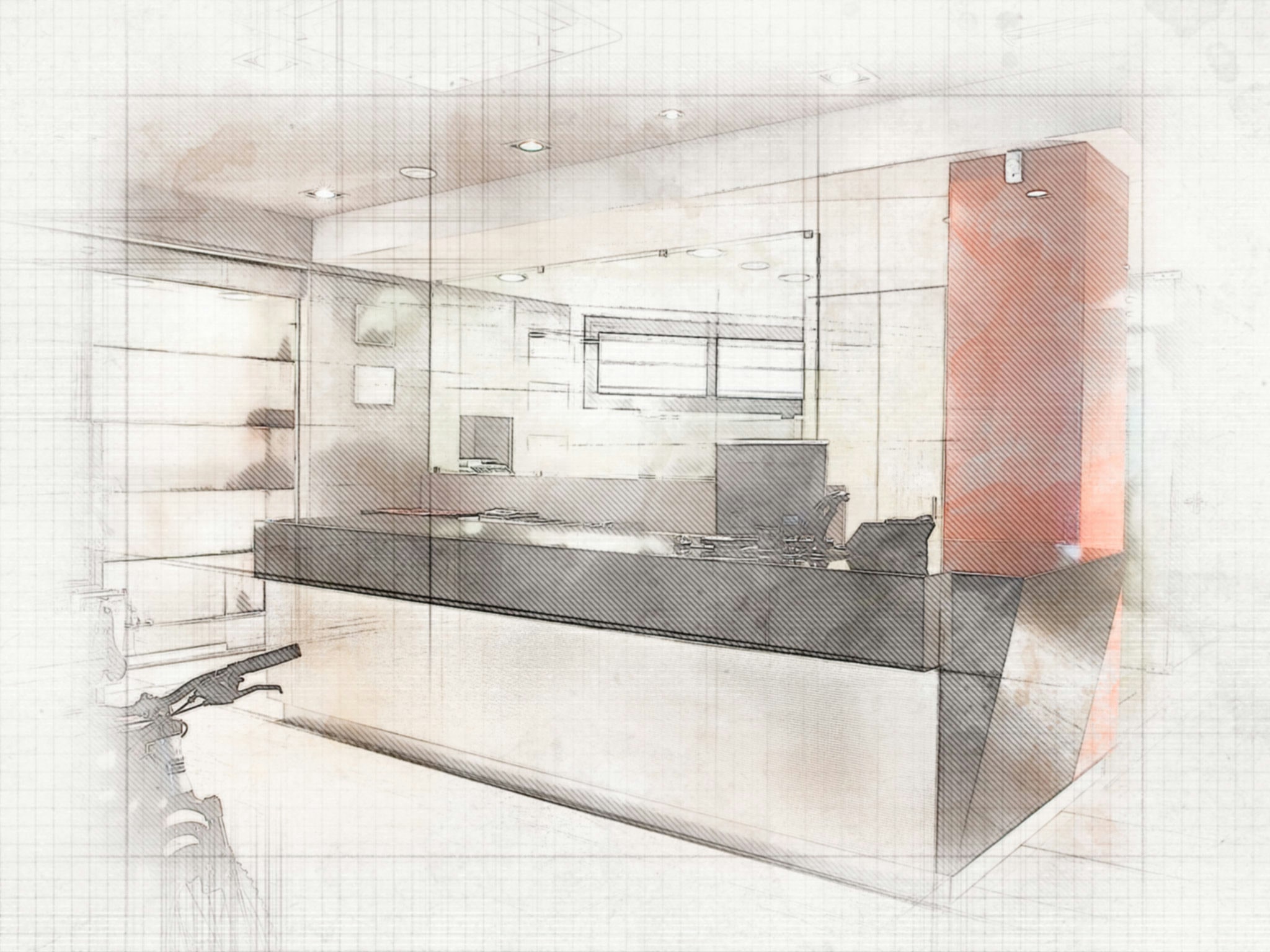 Una ilustración en estilo de boceto de un área de recepción moderna con un mostrador de recepción oscuro, paredes de color claro y muebles contemporáneos, diseñado para crear una atmósfera profesional acogedora con luz natural que entra a través de grandes ventanales.