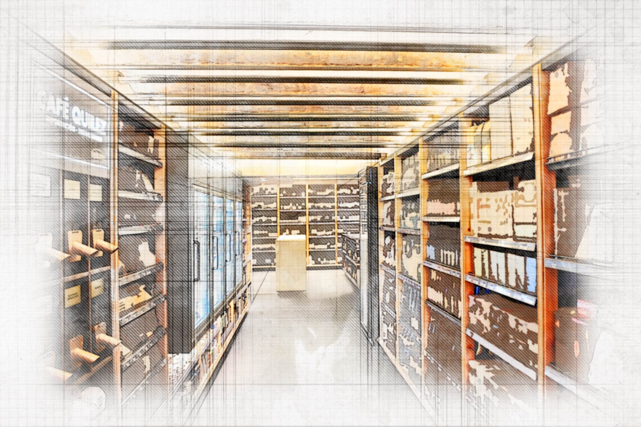 Un espacio interior contemporáneo que se asemeja a una biblioteca, con estanterías altas llenas de libros y documentos, armarios con frente de vidrio a la izquierda, y un pequeño mostrador de información en el centro, todos iluminados por una cálida iluminación overhead.