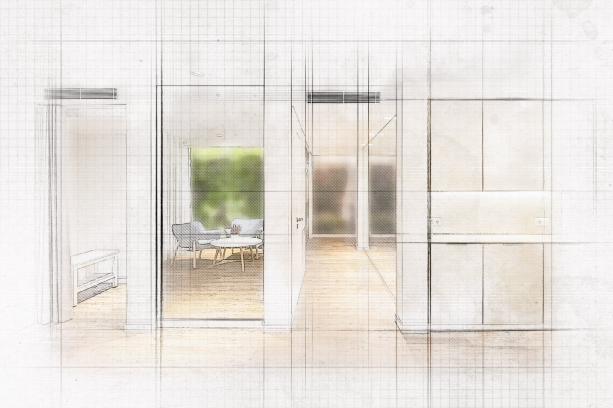 Boceto arquitectónico interior que representa un brillante espacio de concepto abierto con grandes ventanas, que presenta una acogedora zona de estar con sillas grises y una mesa redonda, suelos de madera clara y paredes blancas.